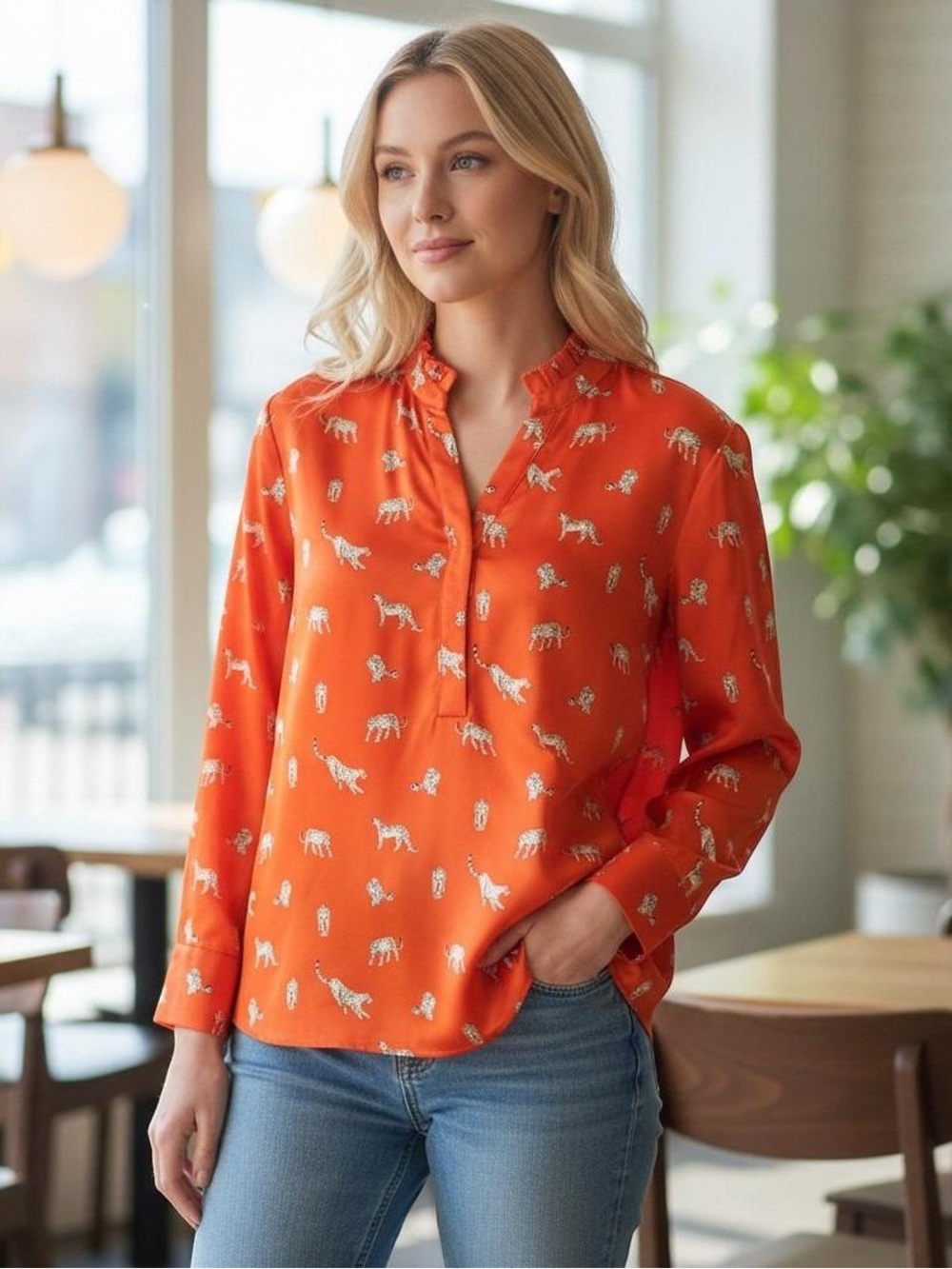 Chico’s Leopard Ruffle Neck Blouse - Picture 4 of 4